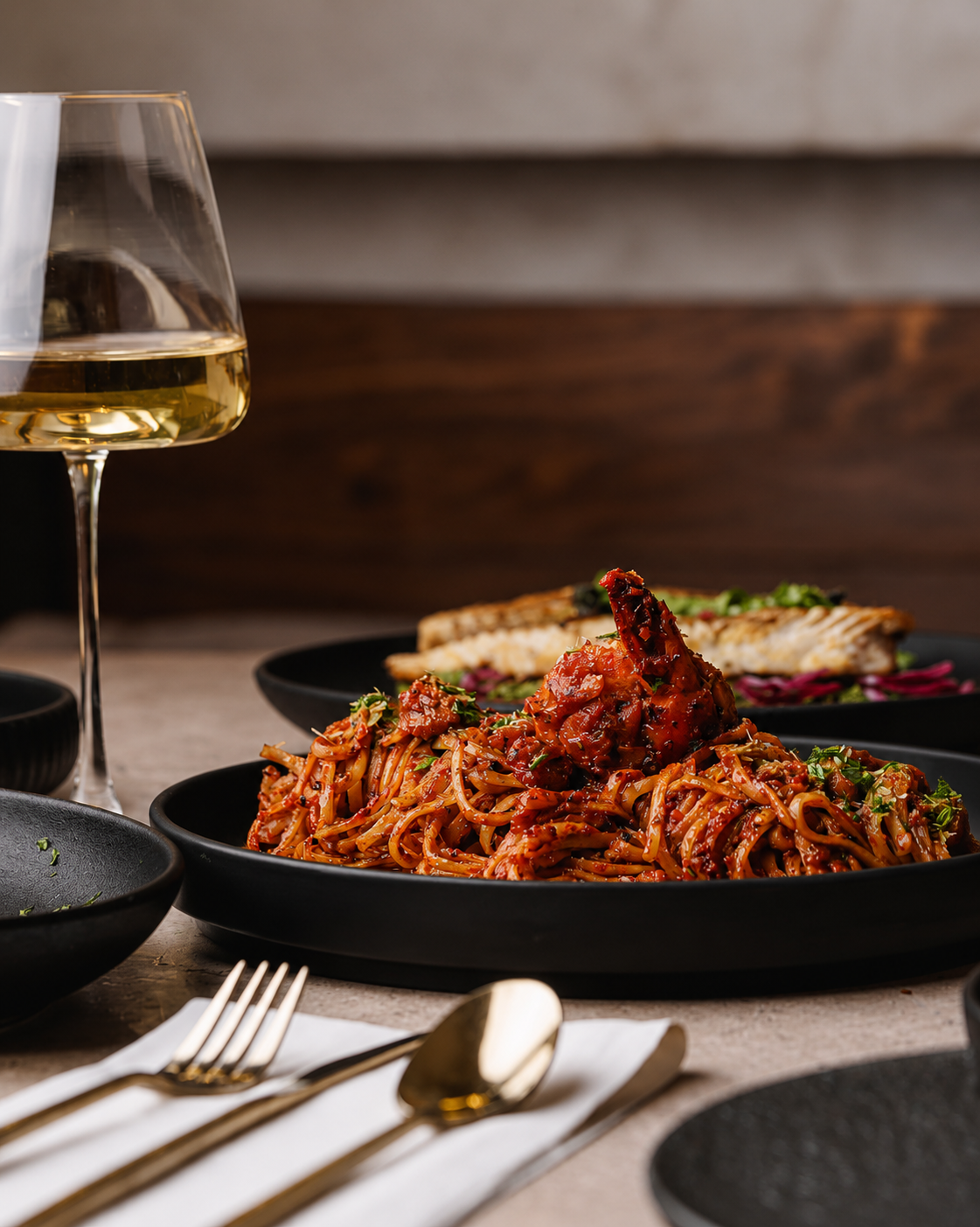 Chili-glazed linguine crowned with a whole prawn, paired with a glass of chilled white wine and burnished gold cutlery.